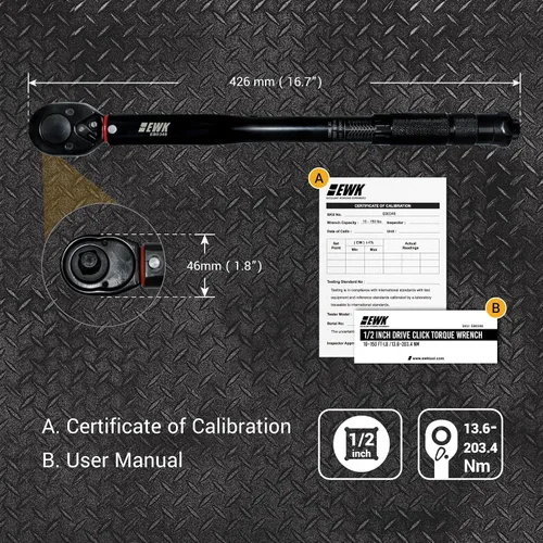 Miniatura 2 de EWK Llave dinamométrica de clic de 1/2 pulgada 10-150 pies lb 13.6-203.4 Nm, cabezal reversible de doble escala para suspensión de tuercas de llanta