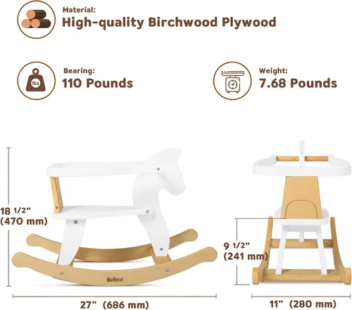 Miniatura 6 de Belleur Caballo mecedor para niños de 1 a 3 años, juguete mecedor de madera para niños pequeños con valla extraíble para actividades en interiores