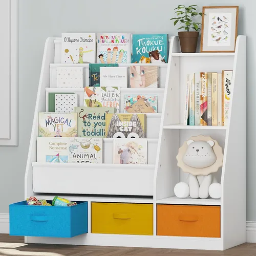 UTEX Estantería infantil de 5 niveles con cubos de almacenamiento, estantería de madera para niños, estante Montessori para niños pequeños, aula,