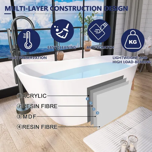 Miniatura 3 de Bañera independiente de acrílico de 59", bañera independiente, bañera exenta, bañera de remojo, certificado cUPC, CM (blanco brillante)