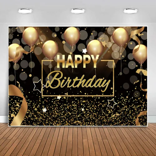 Sensfun Cartel de fondo de fiesta de feliz cumpleaños para hombres y mujeres, globos negros y dorados con purpurina Bokeh, fondo de fotografía de