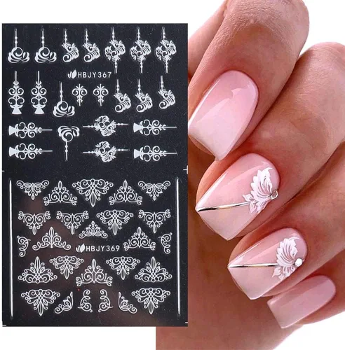 Miniatura 3 de Calcomanías de Arte de Uñas de Flores, Calcomanías de Uñas de Flores Blancas Suministros de Arte de Uñas 3D Encaje Retro Hoja de Flor Enredadera