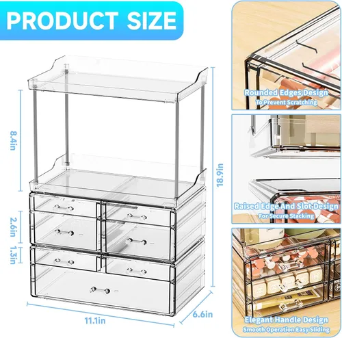 Miniatura 3 de Paquete de 3 organizadores de baño y encimera de almacenamiento con 7 cajones, organizador apilable, organizador de cuidado de la piel de gran