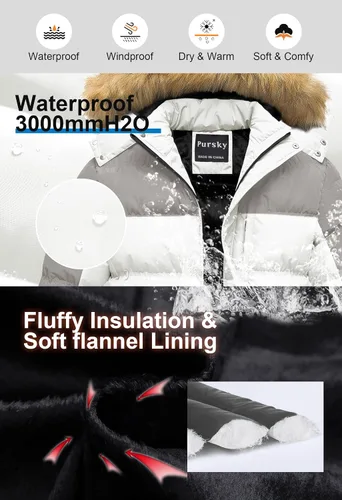 Miniatura 4 de Pursky Chaqueta de plumón impermeable para hombre, abrigos de invierno con capucha de piel para esquiar, parka con capucha de piel