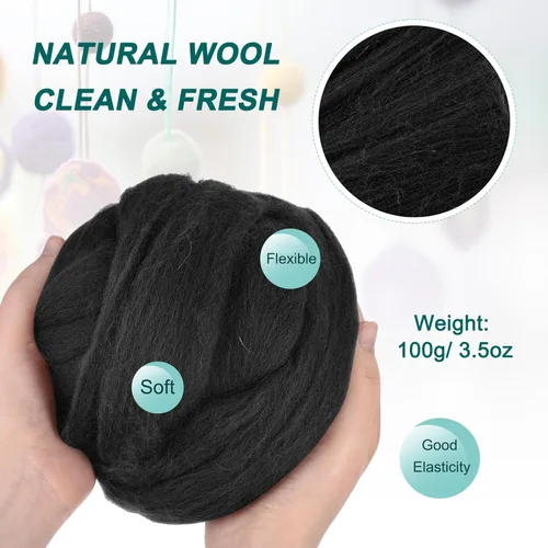 Miniatura 2 de uxcell Lana de fieltro con aguja, hilo de lana de fibra natural de 3.5 onzas para fieltro húmedo, manualidades, materiales de bricolaje (negro)