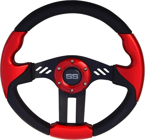 Miniatura 3 de Huskey E-Z-GO - Volante rojo con radios cepillados, agarre de textura de fibra de carbono, adaptador de cubo negro mate para medallista TXT RXV
