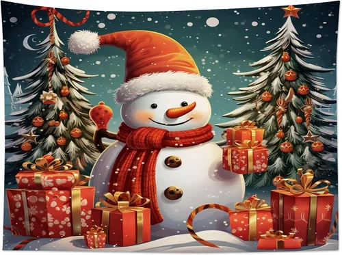 Miniatura 5 de HVEST Tapiz navideño de muñeco de nieve para colgar en la pared, divertido muñeco de nieve con sombrero rojo de Navidad y tapiz de regalo, tapiz