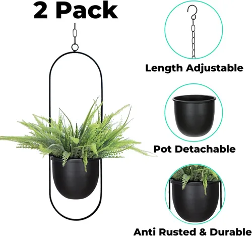Miniatura 9 de Shineloha - Paquete de 2 macetas colgantes para plantas de interior con maceta de 5.5 pulgadas + gancho de techo, maceta colgante negra, colgador