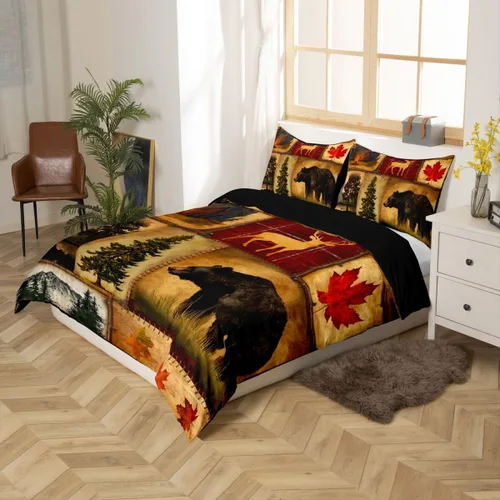 Miniatura 3 de Funda de edredón rústica tamaño Queen, juego de ropa de cama retro para cabaña de cabaña, oso de caza, ciervo, hojas de arce, funda de edredón