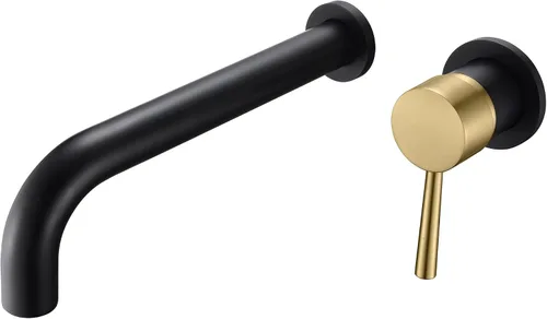 SUMERAIN Grifo de bañera de montaje en pared Grifo de bañera de baño con boquilla de llenado de bañera larga, acabado negro y dorado, manija única