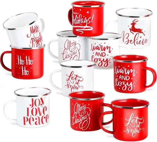 Uiifan 10 Piezas Tazas de Esmalte de Navidad a Granel Lindas de 12 oz Acero Galvanizado Festivas Divertidas Novedosas Taza de Café Feliz Navidad