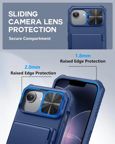 Miniatura 4 de ATATOO Funda tipo cartera para iPhone 16e, tarjetero integrado (3-5 tarjetas) y funda de cámara deslizante y bloqueo RFID, protección de grado Azul