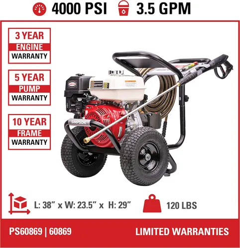 Miniatura 3 de Simpson Limpieza PS60869 PowerShot 4000 PSI Lavadora a presión de gas, bomba triple AAA de 3.5 GPM, motor Honda GX270, incluye pistola rociadora