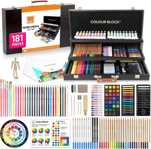 COLOUR BLOCK Juego de arte mixto de 181 piezas en exquisita caja de madera, pinturas acrílicas y de acuarela, bocetos, lápices de colores, pasteles