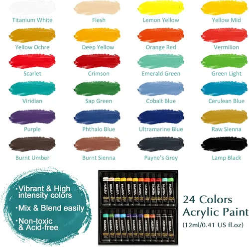 Miniatura 5 de VISWIN Juego de pintura acrílica de 51 piezas con caballete de mesa, kit de pintura con 12 pinturas acrílicas, lienzos, pinceles, paleta, bloc