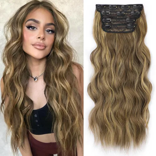 Miniatura 25 de ALXNAN Extensiones de cabello sintético largo y ondulado con clip, de 16 pulgadas, color negro natural, 4 piezas gruesas, fibra de doble trama
