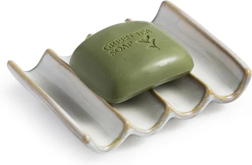 Miniatura 18 de Jabonera de cerámica drenante, diseño estriado, soporte para jabón de barra para ducha y baño, elevación de esponja ahorradora de jabón, color verde
