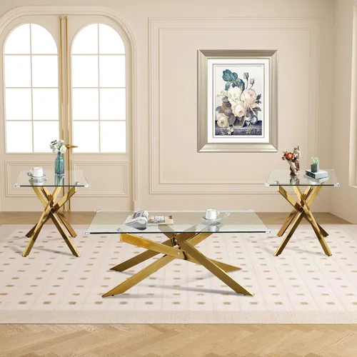 Miniatura 12 de Mesa de centro rectangular moderna de cristal, mesa central de vidrio templado y patas de metal chapado en oro para sala de estar, oficina en casa