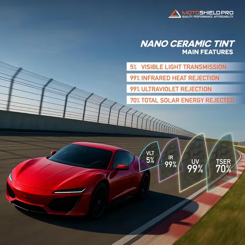 Miniatura 2 de MotoShield Pro 5% VLT Nano Ceramic Tinte para Ventanas de Automóvil 20" pulgadas x 5' pies Rollo 2PLY Alto Rechazo de Calor y Reducción