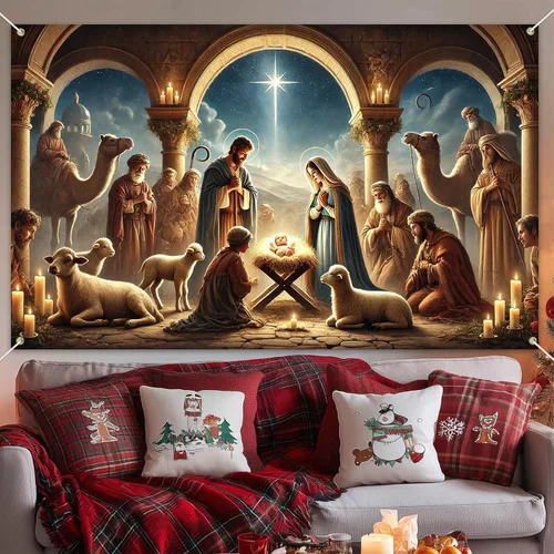 Miniatura 5 de BlissYard Pancarta de Escena de la Natividad 71x43 Pulgadas Pancarta de Escena del Pesebre de Noche Santa Fondo Religioso Cristiano para Iglesia