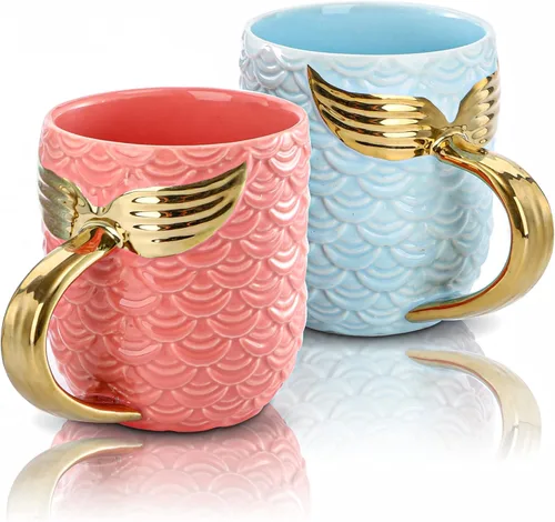 Youeon Juego de 2 tazas de café de cerámica de 12 onzas con textura escalada, juego de tazas rosas y azules con mango metálico en la cola, regalo