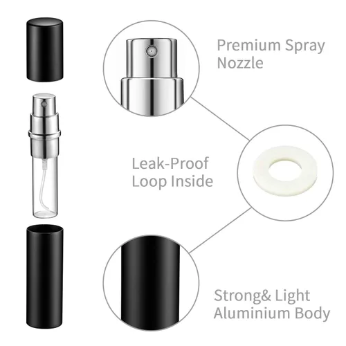 Miniatura 3 de Boao 14 piezas de 0.2 fl oz de perfume de viaje recargable atomizador negro mini muestra de fragancia dispensador de colonia de vidrio forrado