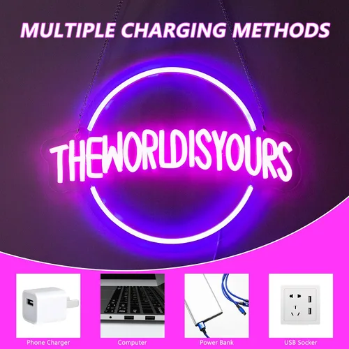 Miniatura 5 de Letrero de neón de The World Is Yours, letreros de neón para decoración de pared, letreros LED azules regulables de neón para dormitorio, letreros