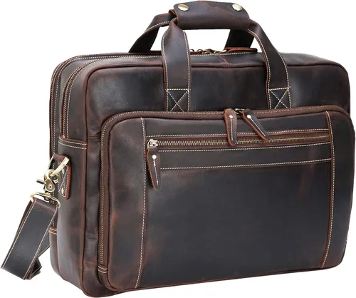 Miniatura 9 de Maletín para portátil de 17.3 pulgadas de cuero de grano completo sólido grueso para hombre, bolsa de mensajero clásica para viajes de negocios