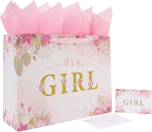 Juego de bolsas de regalo extra grandes de 16.5 pulgadas con asas, tarjeta de felicitación, papel de seda rosa y calcomanías para niñas y niños para