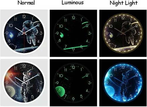 Miniatura 6 de Spaceman - Reloj de pared con tema de astronauta, 12 pulgadas, luz nocturna luminosa y silenciosa, reloj de pared con movimiento silencioso