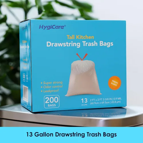 Miniatura 2 de HygiCare Bolsas de basura de cocina de 13 galones de alto, 200 bolsas de basura con cordón de aroma fresco, preseparadas, control de olores, ultra