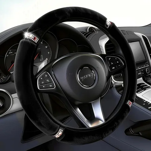 Funda de volante de diamante esponjosa con diamantes de imitación de cristal brillantes, protector universal de 15 pulgadas para volante elástico de