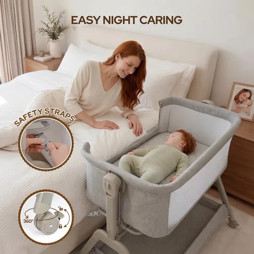 Miniatura 4 de Ezebaby Cuna para bebé al lado de la cama, moisés 3 en 1 con colchón cómodo y ruedas, cuna estable y segura para recién nacido con ajuste de altura