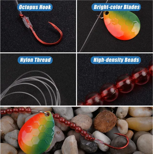 Miniatura 3 de Walleye Spinner Rig Kit, paquete de 5 arneses sobre orugas Walleye Rig pre-aparejado plataformas de cebo vivo Colorado spinners cuchillas giratorias