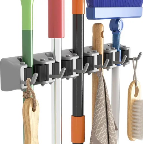 Miniatura 8 de Lifewit Soporte de pared para fregona y escoba, colgador de escoba antideslizante para organización de cocina, organizador de suministros de Negro