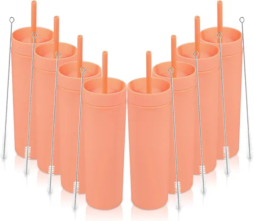 Miniatura 11 de Volhoply Vaso delgado de plástico de 16 onzas con tapa y pajita, paquete de 4 unidades, vasos aislados de doble pared de acrílico mate, sin BPA
