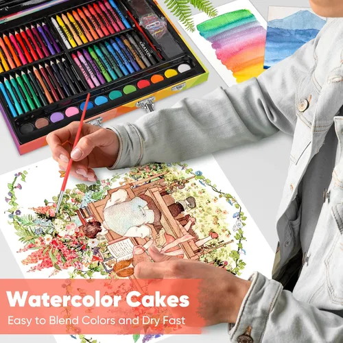 Miniatura 5 de Soucolor - Juego de pintura y dibujo, 183 piezas, kit de arte para colorear, estuche de regalo: crayones, pasteles al óleo, acuarelas en pastilla