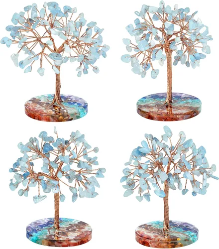 Miniatura 5 de rockcloud Árbol de dinero de alambre de cobre de cristal aguamarina con base redonda de resina colorida, árbol de piedra bonsái hecho a mano