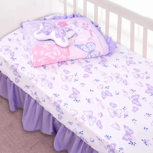 Miniatura 5 de Juego de ropa de cama para cuna Cloele para niñas, 3 piezas de ropa de cama floral de mariposa para bebé - Incluye edredón, sábana ajustada y falda