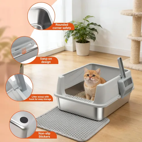 Miniatura 3 de Caja de arena de acero inoxidable con tapa, caja de arena de metal para gatitos, cajas de arena de entrada baja con pala y alfombra, caja de arena