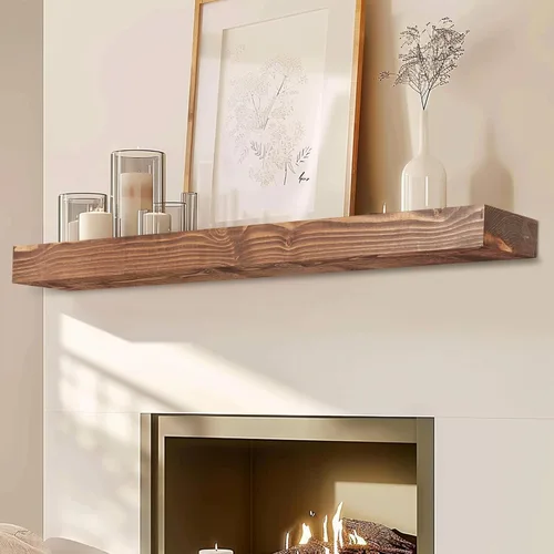 Miniatura 42 de Repisa de chimenea de 48 pulgadas, madera maciza rústica hecha a mano de 3 pulgadas de grosor, estante flotante largo de pared con soporte de metal