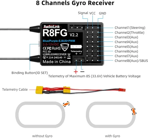 Miniatura 3 de Radiolink R8FG V2.2 - Receptor de giroscopio de 8 canales, 2 piezas, telemetría de voltaje de control de largo alcance de 2.4 GHz, 1,968.5 ft