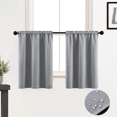 Miniatura 14 de XTMYI Cortinas de tela impermeable de 30 pulgadas para ventana de baño, cocina, mini ducha, pequeños paneles de cortina opacas cortos, juego de 2