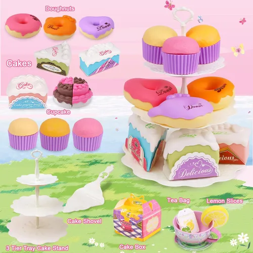Miniatura 5 de PRE-WORLD - Juego de té para niñas pequeñas, 50 piezas de juguete de princesa para fiestas de té, incluye postre, galletas, dona, bandeja de tetera
