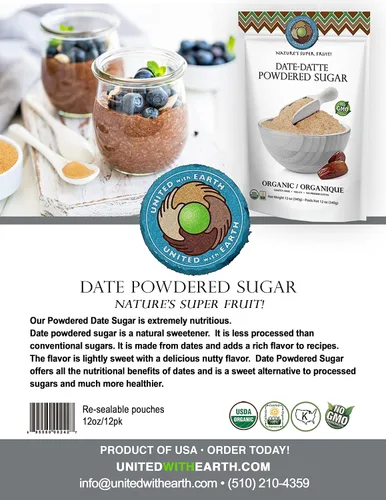 Miniatura 3 de United With Earth Azúcar en polvo de dátiles orgánicos, 12 onzas (paquete de 2), sin OMG, sin gluten, vegano, paleo, certificado orgánico