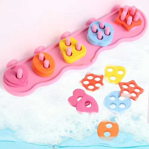 Miniatura 8 de Juguetes de baño para bebés, juego de juguetes de baño de silicona sin moho para clasificar y apilar con 20 piezas flotantes texturizadas, diseño