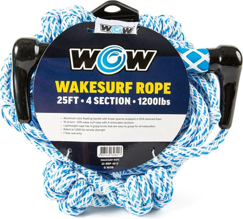 Wow Sports Cuerda de wakesurf de 25 pies, 4 secciones, para Wakesurf, niños y adultos, mango flotante ajustable