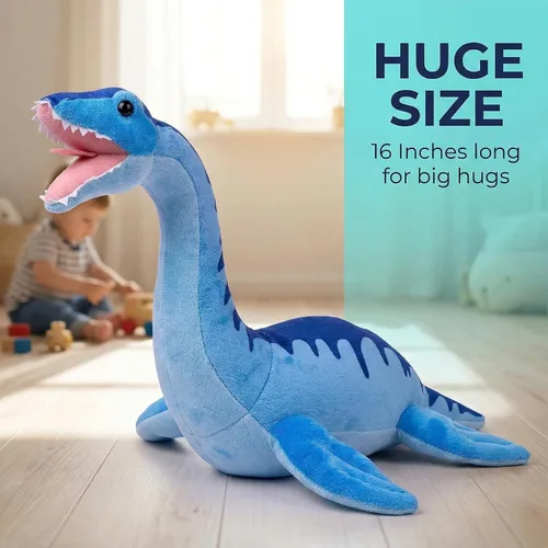 Miniatura 4 de Juguete de peluche de dinosaurio de Plesiosaurio de simulación, juguete de peluche de dinosaurio azul de 16 pulgadas, figuras de peluche suaves