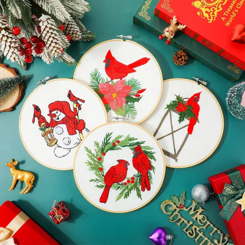 Miniatura 5 de Juego de 4 piezas de bordado navideño para principiantes, adultos, cardenal de punto de cruz, kit de punto de cruz con patrones e instrucciones