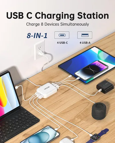 Miniatura 2 de Cargador USB C de 8 puertos, estación de carga rápida para múltiples dispositivos, concentrador de carga USB multipuerto para iPhone, Samsung
